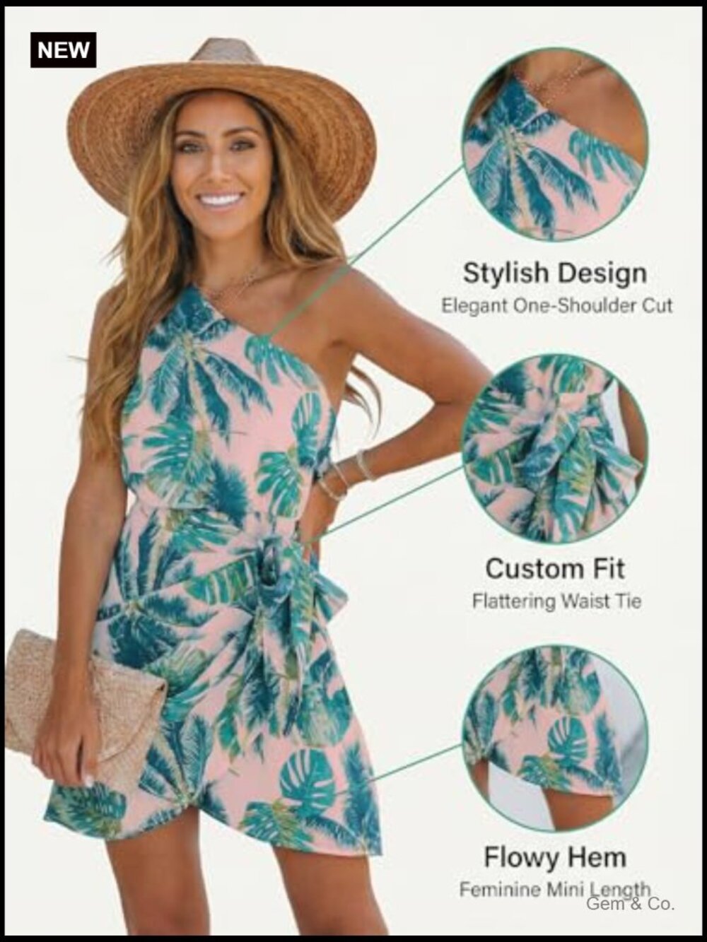 Women's One Shoulder Leaf Print Self-Tie Mini Dress - Picture 5 of 7